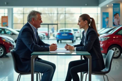 Homme et femme discutant dans un showroom automobile