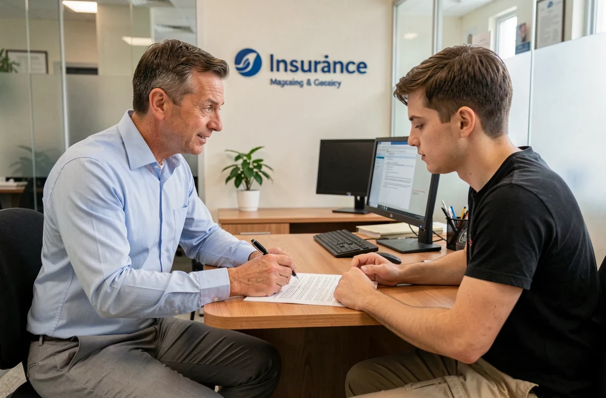 Courtier en assurance expliquant un contrat scooter abordable à un jeune client en agence