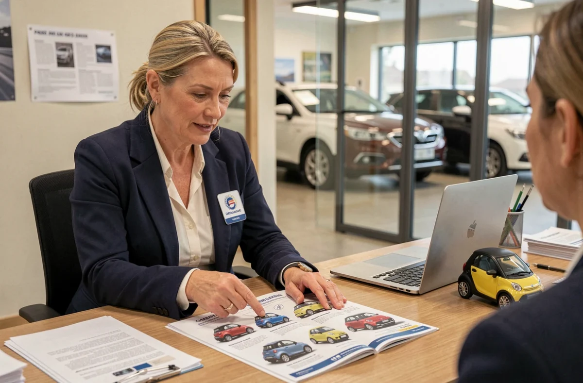 Une conseillère de vente en concession présentant les modèles de voitures sans permis disponibles sur une brochure