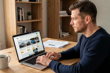 Homme consultant un site allemand de vente de voitures en ligne depuis son bureau à domicile