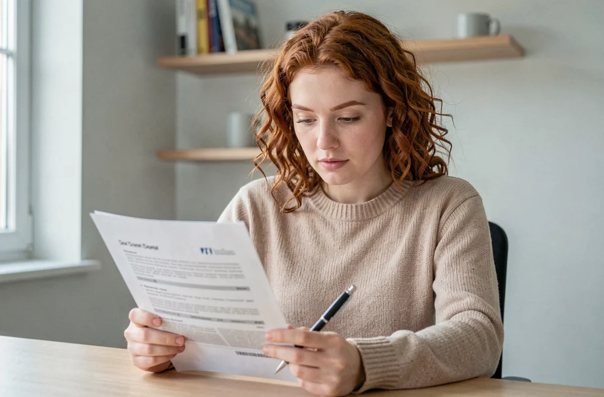Jeune femme lisant un contrat d'assurance voiture à paiement différé dans un bureau à domicile