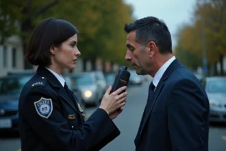 Homme souffle dans un éthylotest lors d’un contrôle routier