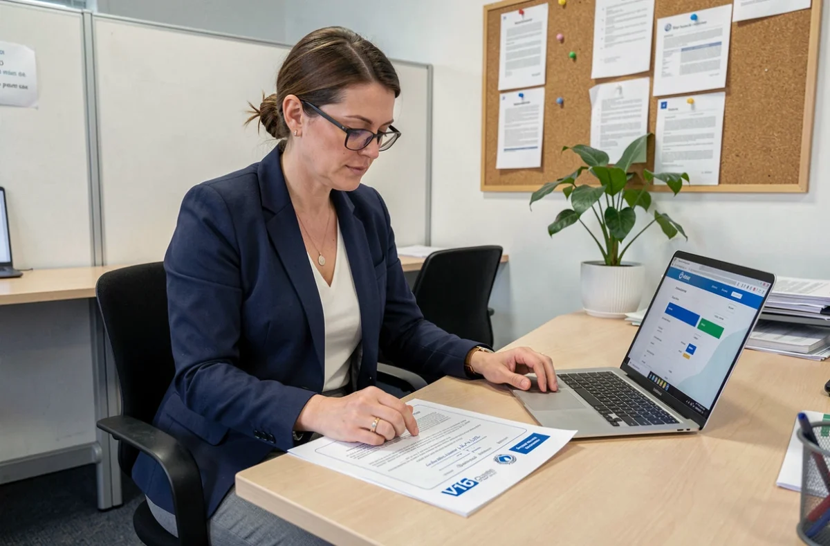 Femme vérifiant un certificat d'homologation V16 sur un bureau administratif avec un portail gouvernemental ouvert sur ordinateur