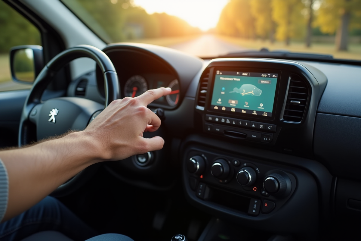 Main du conducteur utilisant le système d infotainment Peugeot