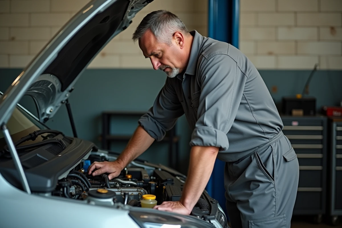 Mécanicien inspectant le moteur d'une voiture d'occasion dans un garage avant une transaction CapCar