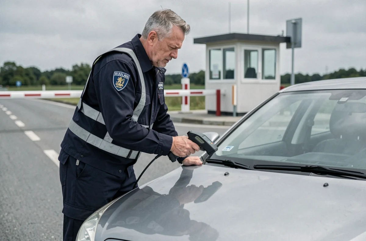 Agent de contrôle aux frontières vérifiant la plaque d'immatriculation d'un véhicule étranger à un poste de contrôle avec un scanner électronique