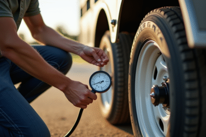 Personne vérifiant la pression des pneus de la remorque en plein jour