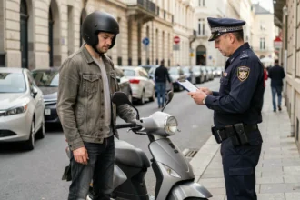 Conducteur de scooter contrôlé par un policier vérifiant les documents d'assurance en ville