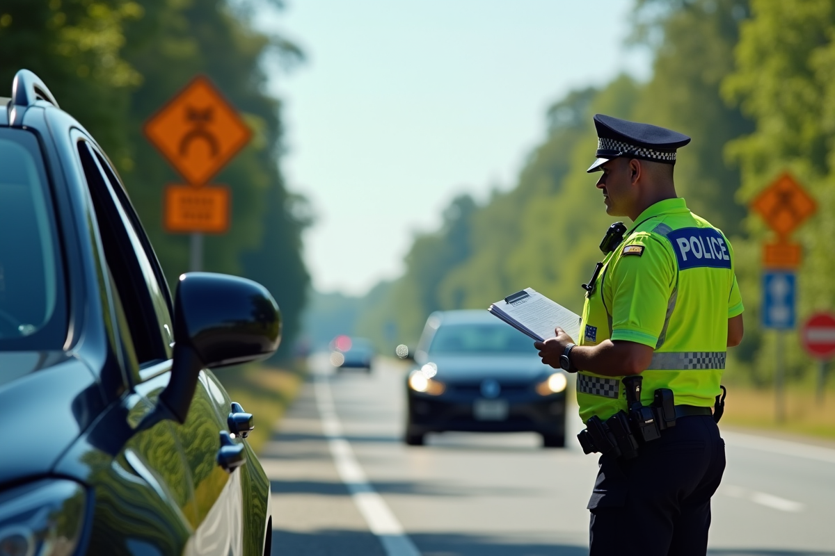 Contrôle routier avec policier et voiture arrêtée en plein jour