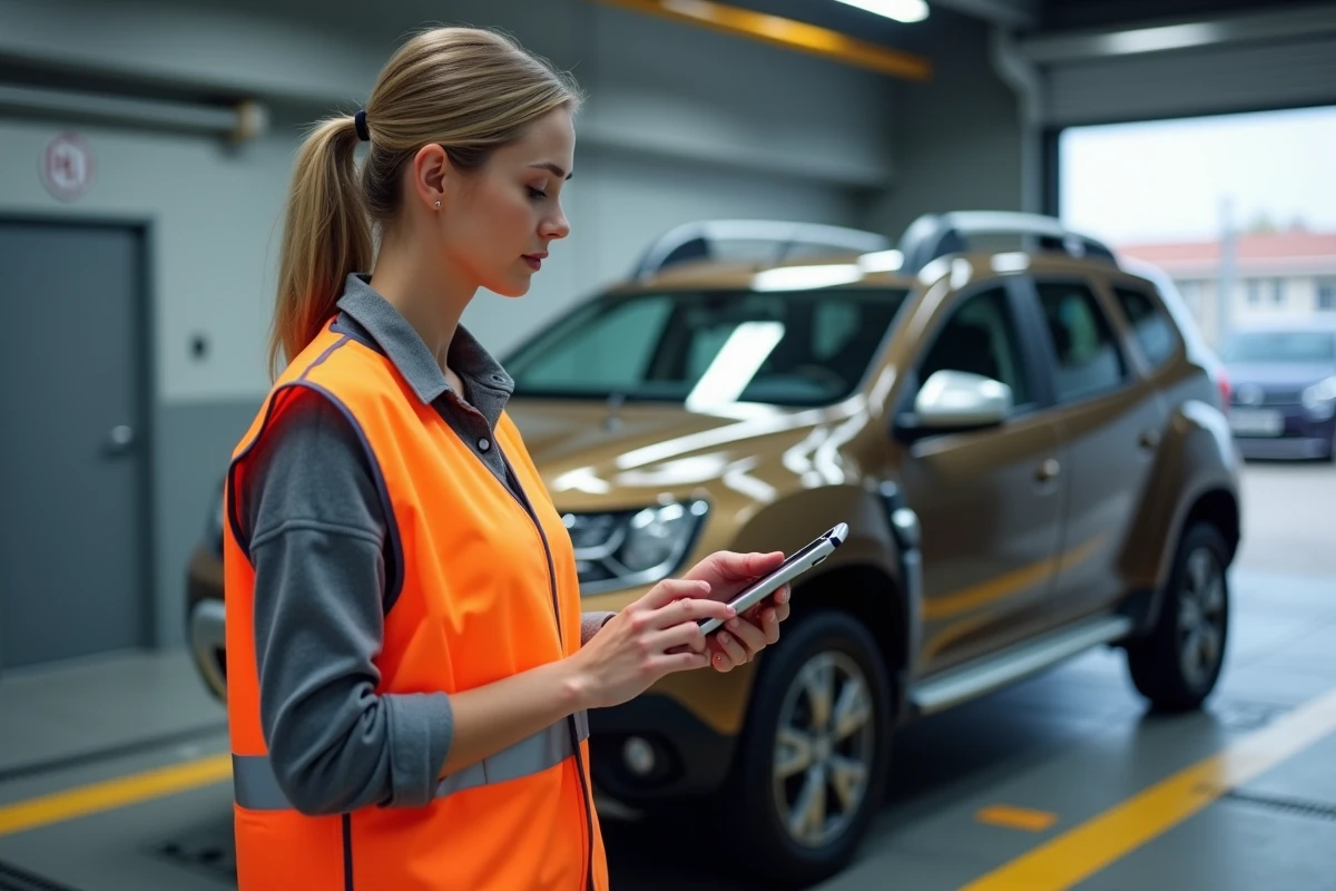 Technicienne effectuant un contrôle technique d'un Renault Duster dans un centre de contrôle agréé