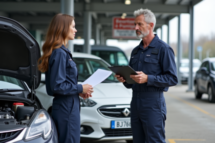 Mecanicienne en overalls bleus discute avec une professionnelle à un centre de controle