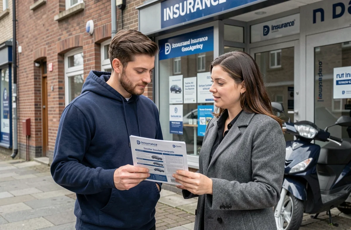 Couple examinant une brochure d'assurance scooter 50cm3 devant une agence d'assurance en ville