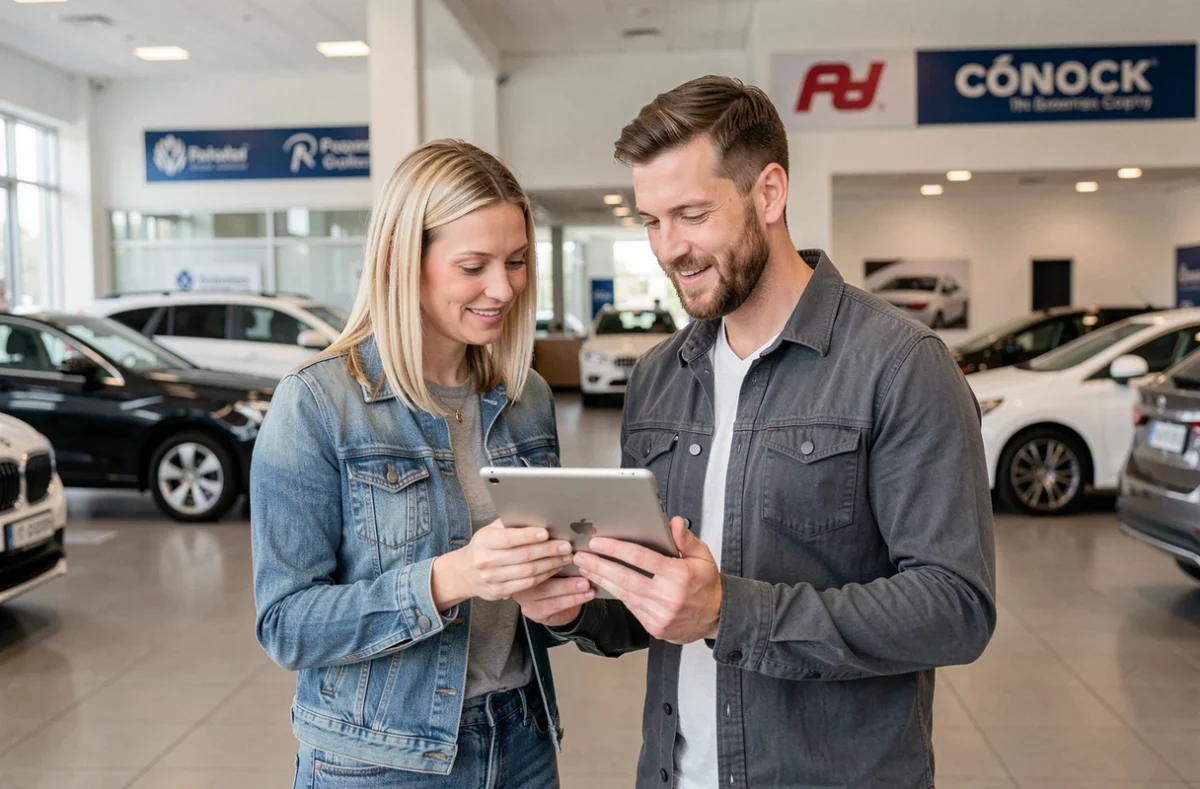 Couple comparant des offres d'assurance voiture sans paiement immédiat dans une concession automobile