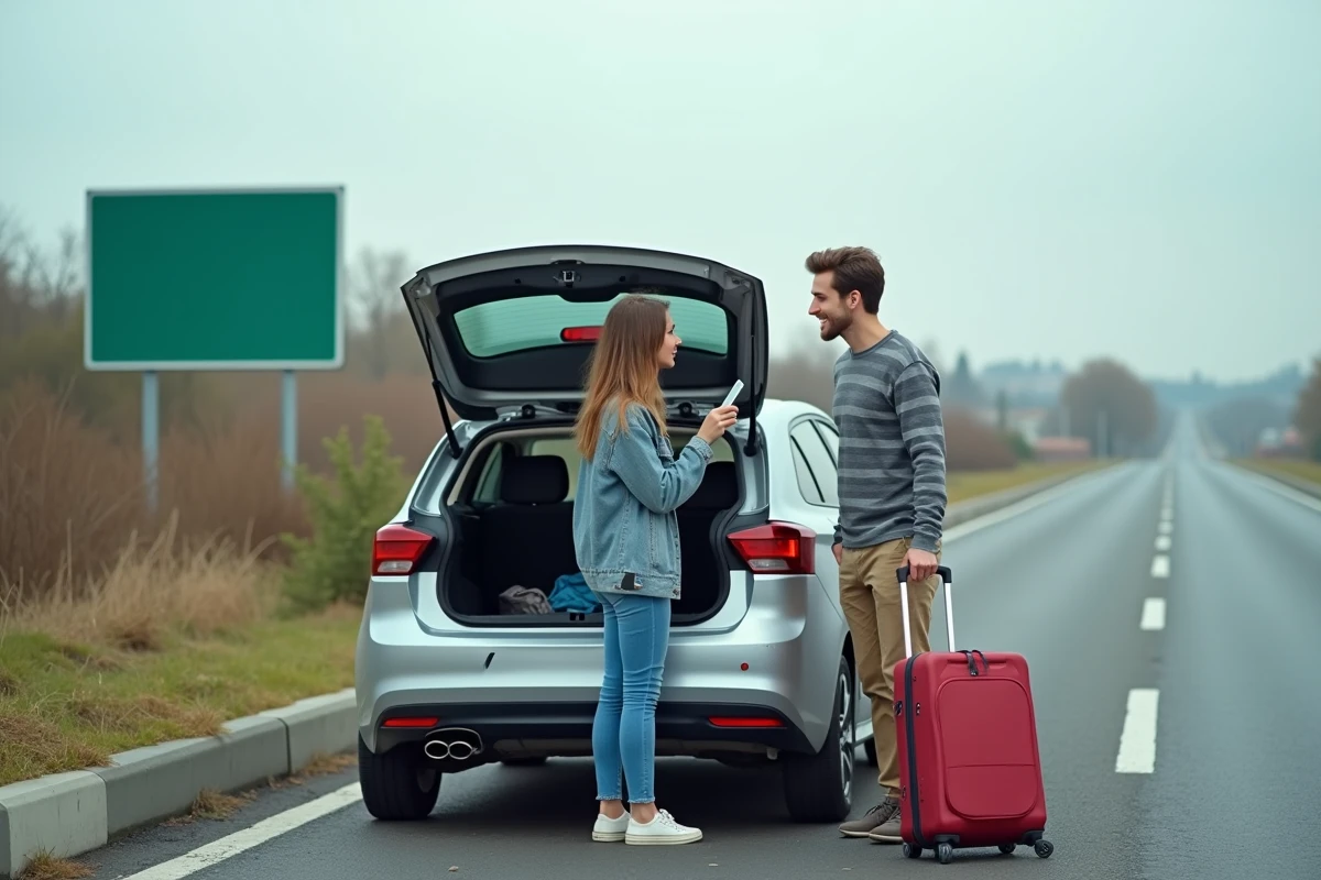 Couple de voyageurs examinant une carte d'exonération de péage autoroute lors d'une pause routière en France