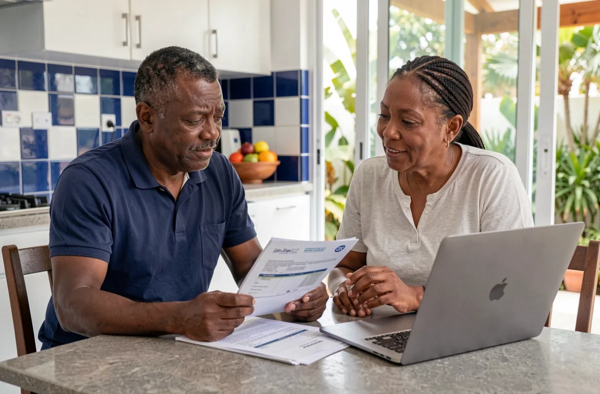Couple martiniquais comparant des devis assurance auto imprimés et en ligne à leur domicile en Martinique