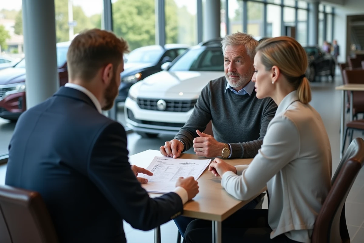 Couple examinant un rapport CarVertical imprimé avec un vendeur dans une salle d'exposition automobile