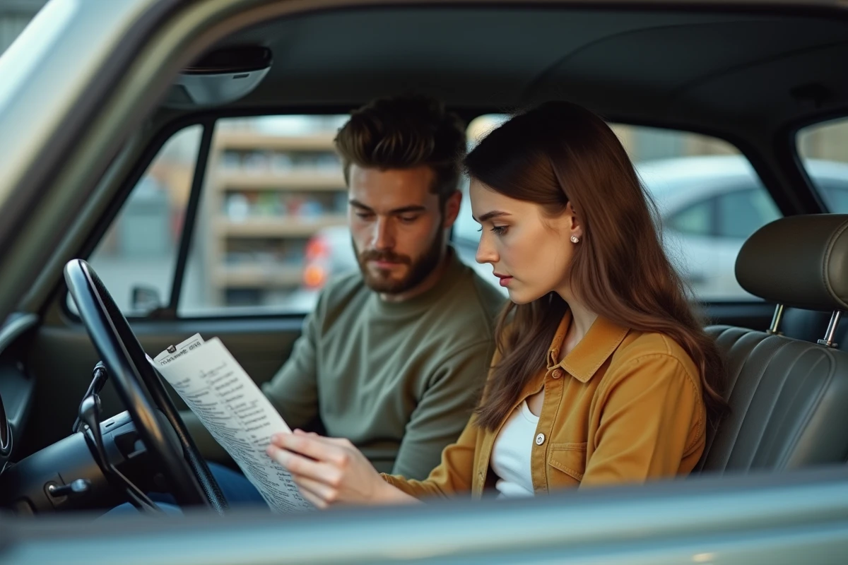 Jeune couple vérifiant une Renault 12 dans le garage