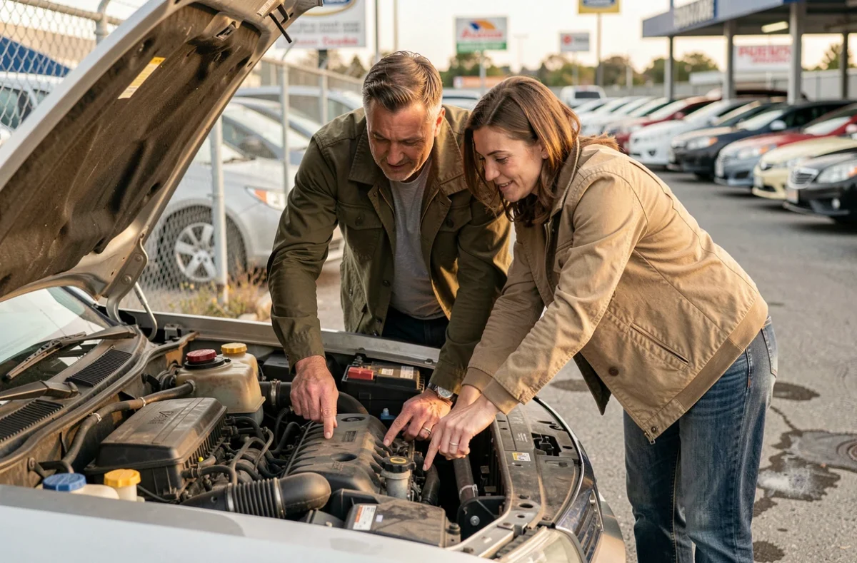 Couple examinant le moteur d'une voiture d'occasion chez un concessionnaire avant l'achat