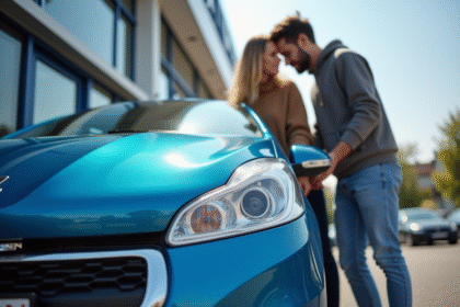 Jeune couple inspectant une Peugeot 208 bleue en concession