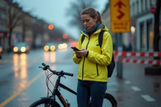 Cycliste féminine vérifiant son smartphone à Chambéry