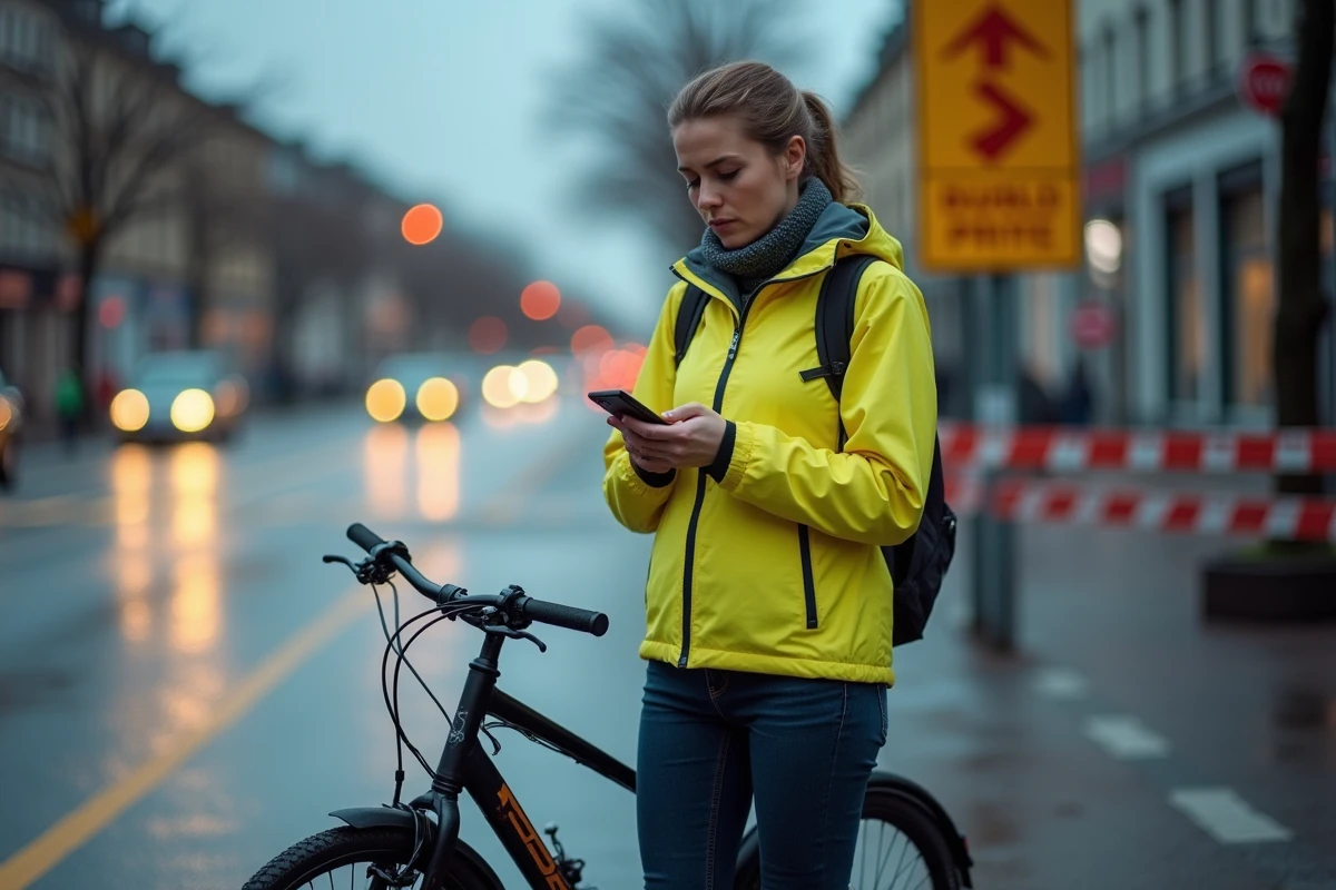 Cycliste féminine vérifiant son smartphone à Chambéry