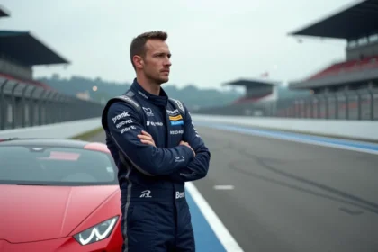 Homme adulte hésitant en combinaison de pilotage devant une voiture de sport rouge sur le stand d'un circuit de pilotage professionnel