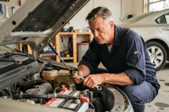 Mécanicien déconnectant la batterie d'une voiture dans un garage résidentiel pour réinitialiser l'électronique du véhicule