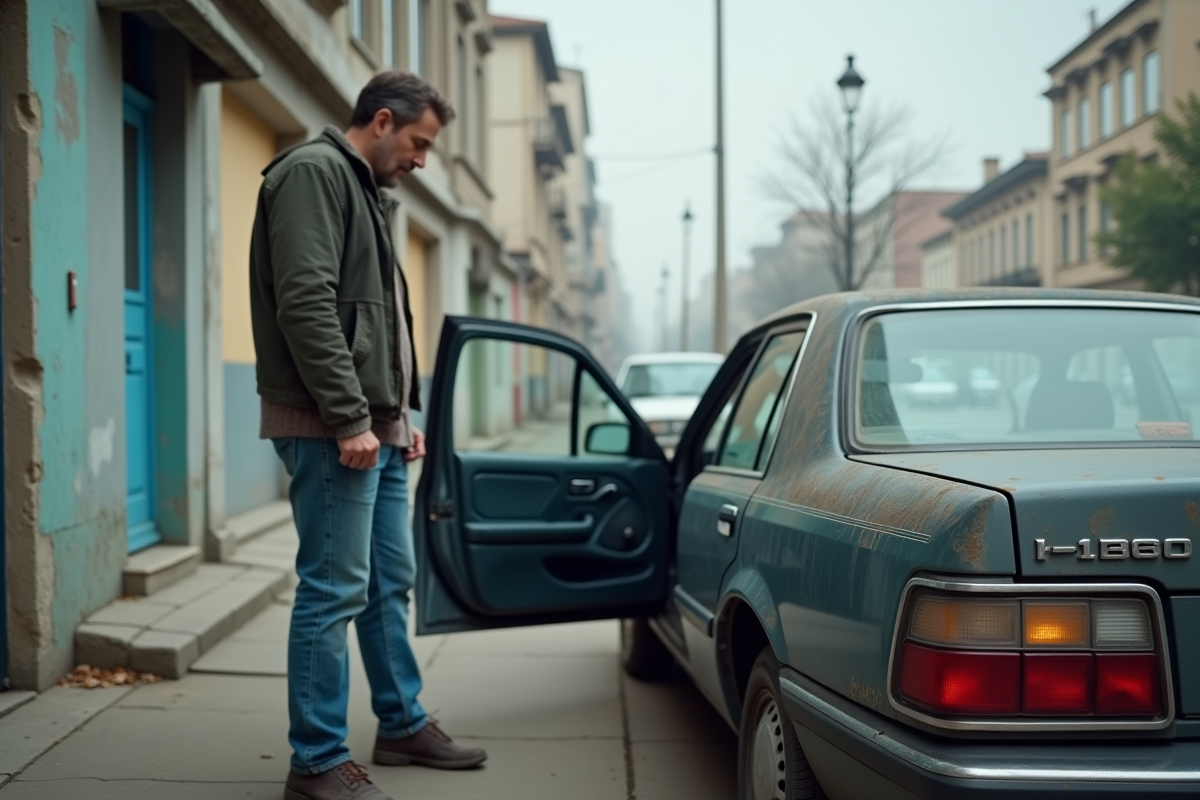 Homme d'âge moyen démarre une vieille voiture en ville avec de la fumée