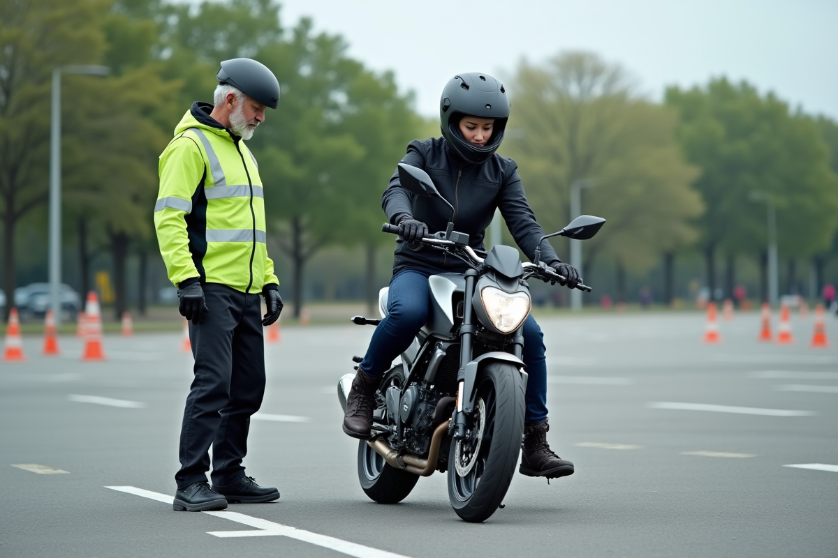 Jeune femme en formation moto avec instructeur