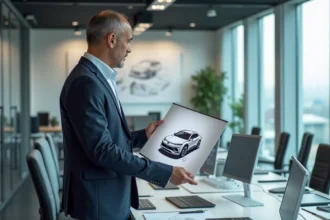 Designer automobile en réflexion avec croquis de logo moderne