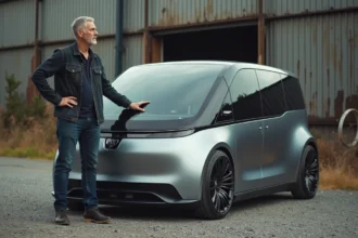 Designer automobile devant un van futuriste en extérieur
