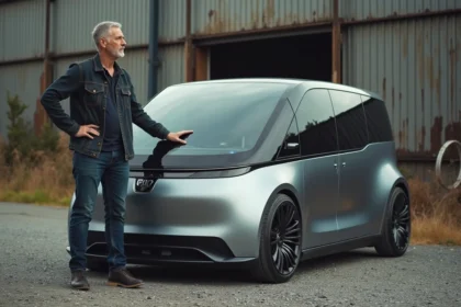 Designer automobile devant un van futuriste en extérieur