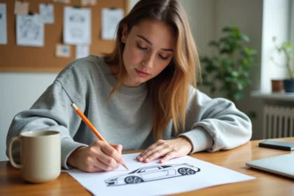 Jeune femme coloriant un dessin de voiture imprimé à colorier sur un bureau en bois avec des crayons de couleur