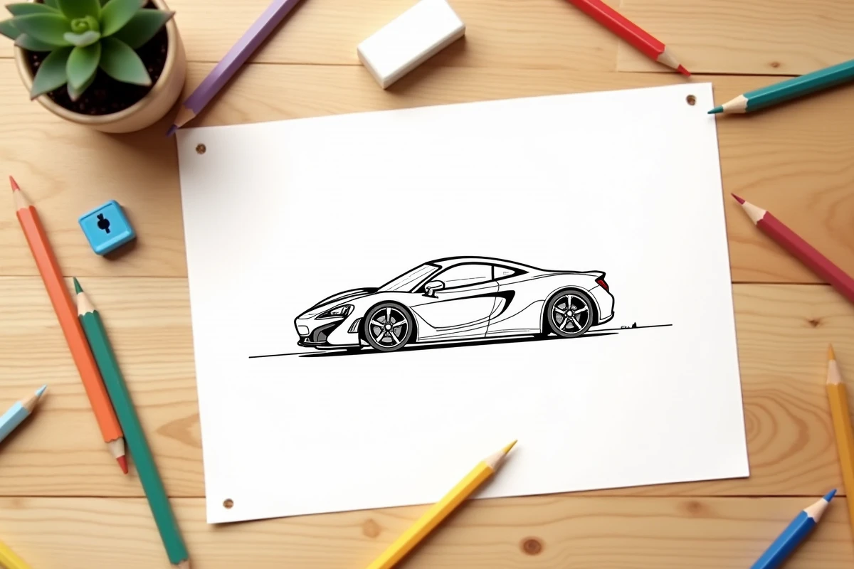 Vue de dessus d'un dessin de voiture de course imprimé en noir et blanc entouré de crayons de couleur sur une table en bois clair