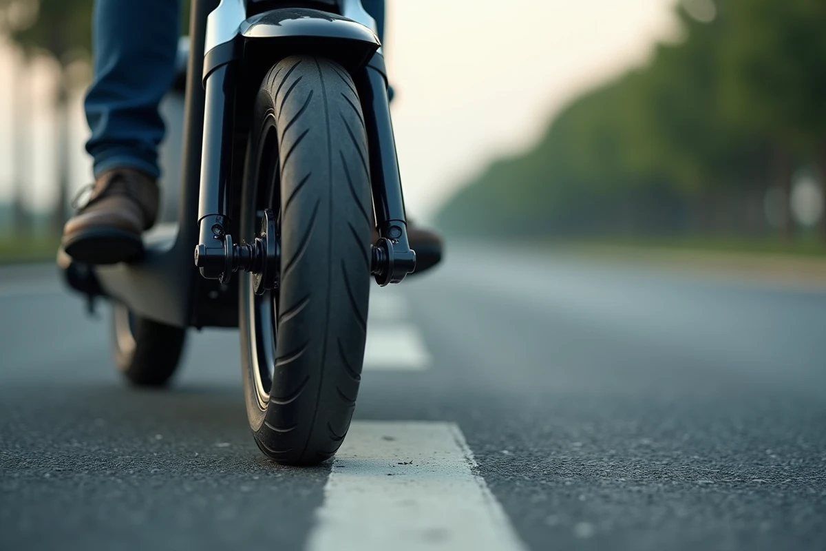 Détail du double train avant d'un scooter 3 roues sur route asphaltée avec conducteur en arrière-plan