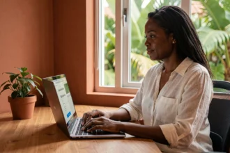 Femme martiniquaise demandant un devis assurance auto en ligne depuis son domicile à la Martinique