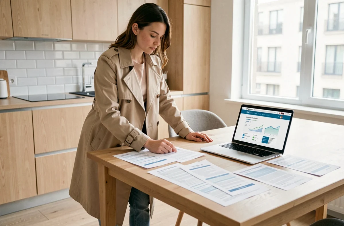 Jeune femme comparant des devis d'assurance scooter 50cm3 sur une table avec documents et ordinateur portable