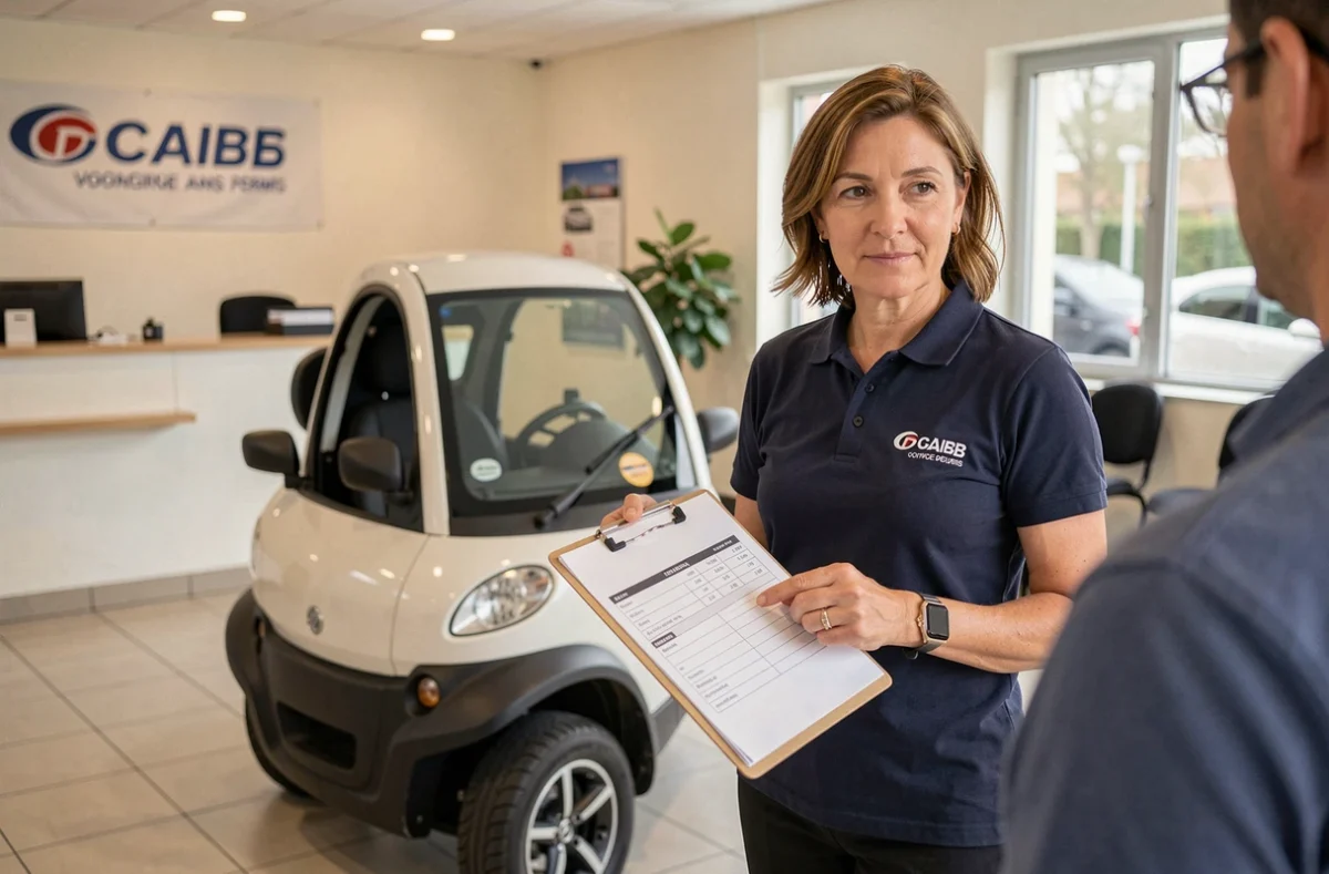 Conseillère de service remettant un devis de réparation pour une voiture sans permis dans une concession automobile