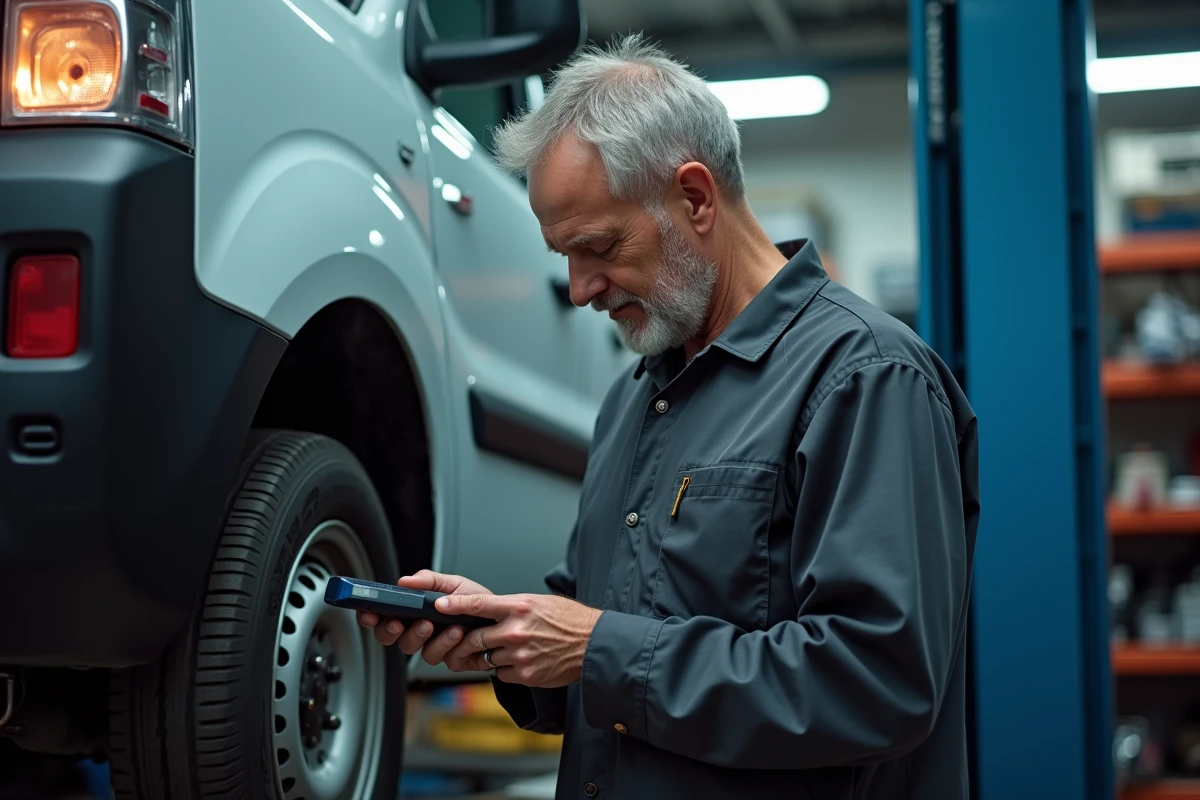 Mécanicien utilisant un lecteur de diagnostic OBD sur un Peugeot Partner Tepee dans un garage, contrôle électronique avant achat d'un véhicule d'occasion