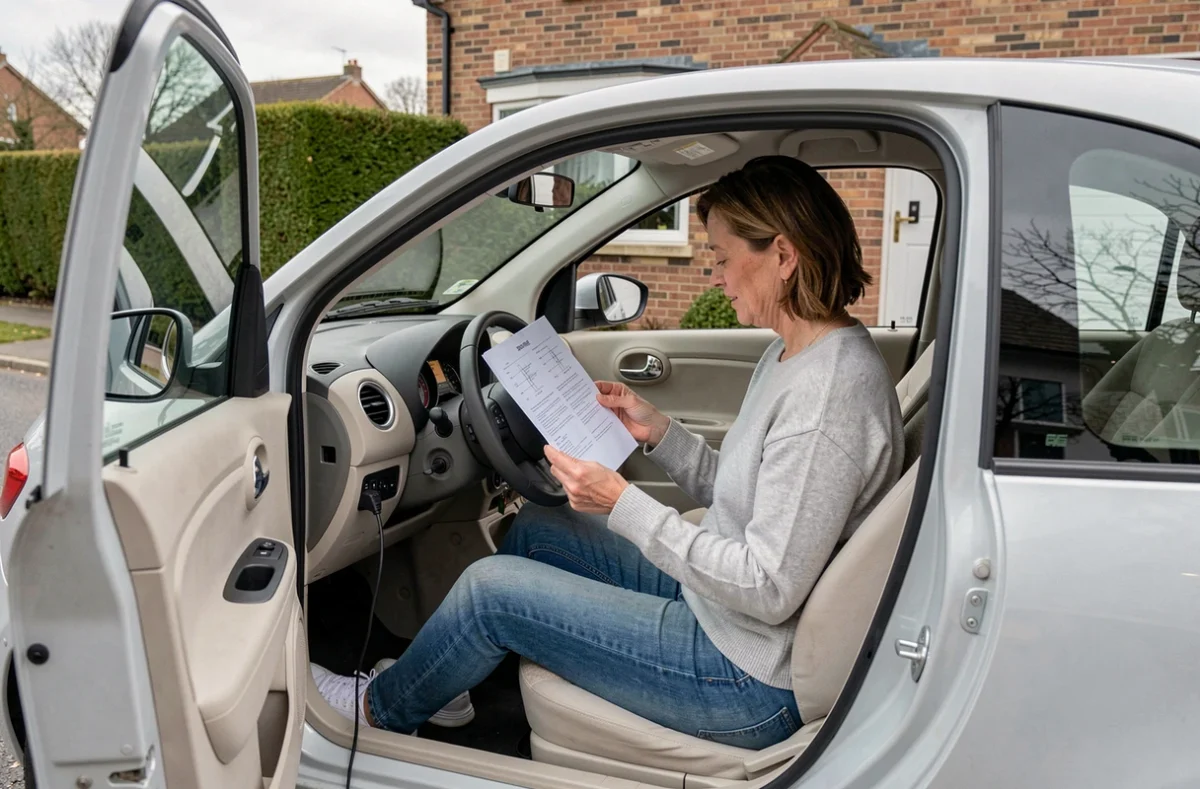 Femme consultant un document technique avec un outil de diagnostic OBD dans une voiturette