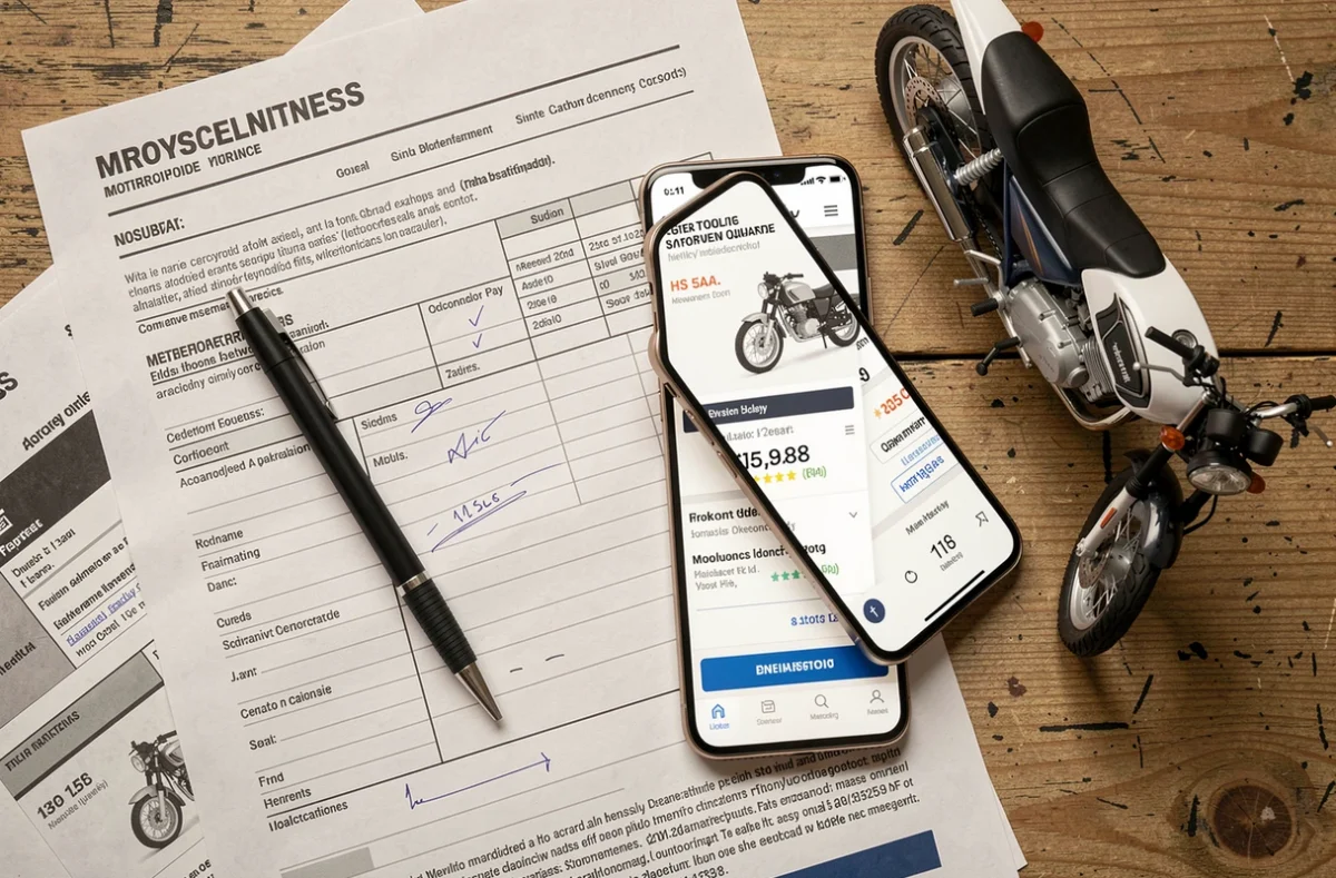 Documents d'assurance moto 125 sur un bureau avec smartphone affichant une comparaison de prix