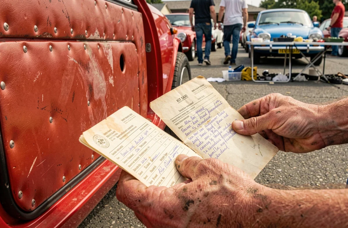 Gros plan sur des documents d'un kit car Saxo d'occasion tenus par un acheteur lors d'un salon de véhicules d'occasion