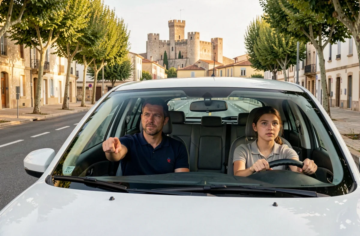 Moniteur de conduite guidant une élève au volant sur un boulevard de Carcassonne avec la cité médiévale en arrière-plan