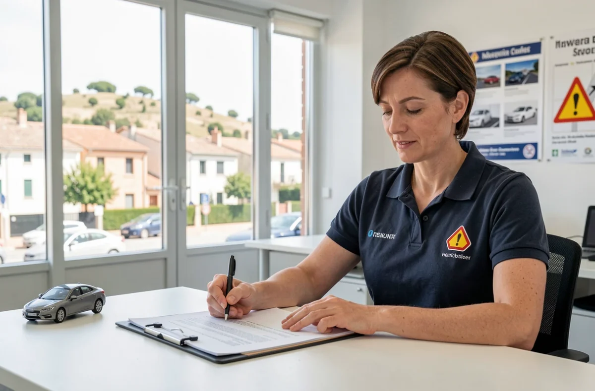 Monitrice de l'auto-école Nougaret dans l'Aude vérifiant les notes de progression d'un élève dans un bureau moderne avec vue sur la ville
