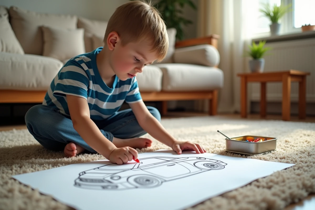 Enfant choisissant un crayon rouge pour colorier un dessin de voiture imprimé sur le sol du salon