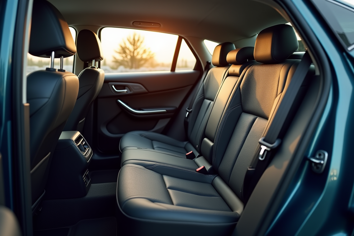 Espace interieur avec sieges arriere de la Peugeot 408 en plein jour