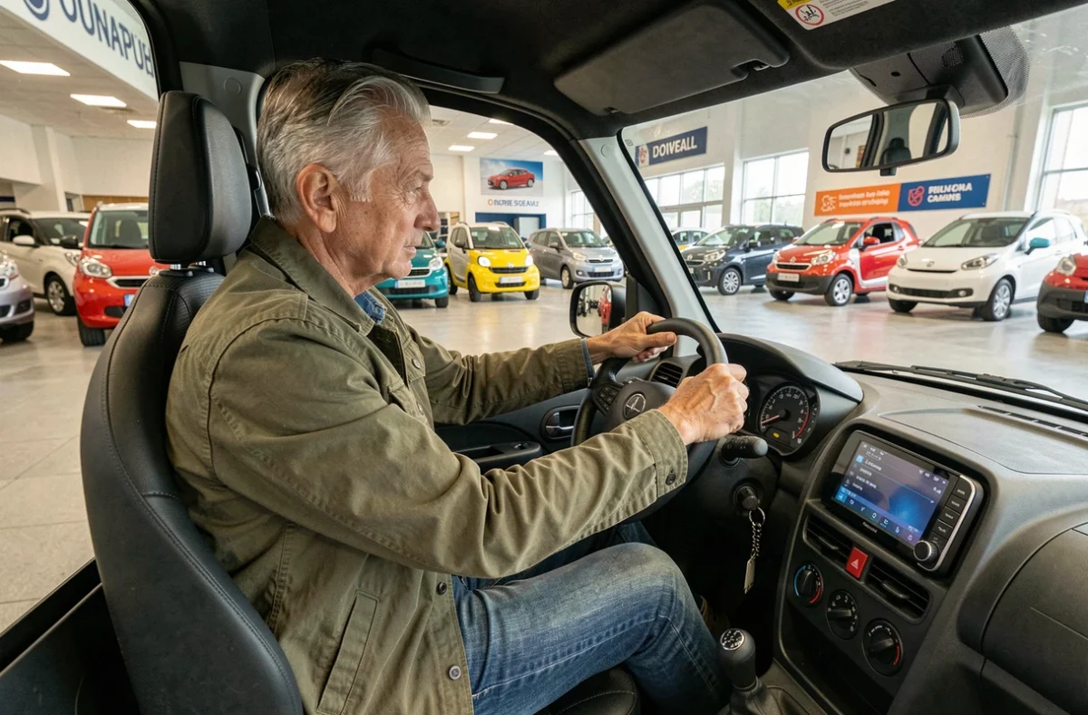 Un homme d'âge mûr essayant une voiture sans permis chez un concessionnaire, assis au volant et inspectant l'habitacle