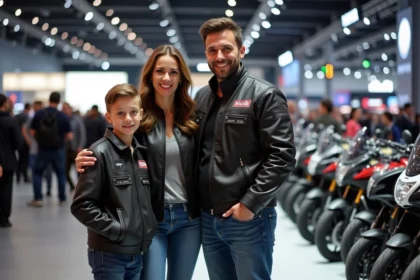 Famille avec motos exposées lors du salon de Milan