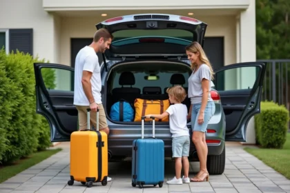 Famille de quatre préparant la voiture pour partir en vacances