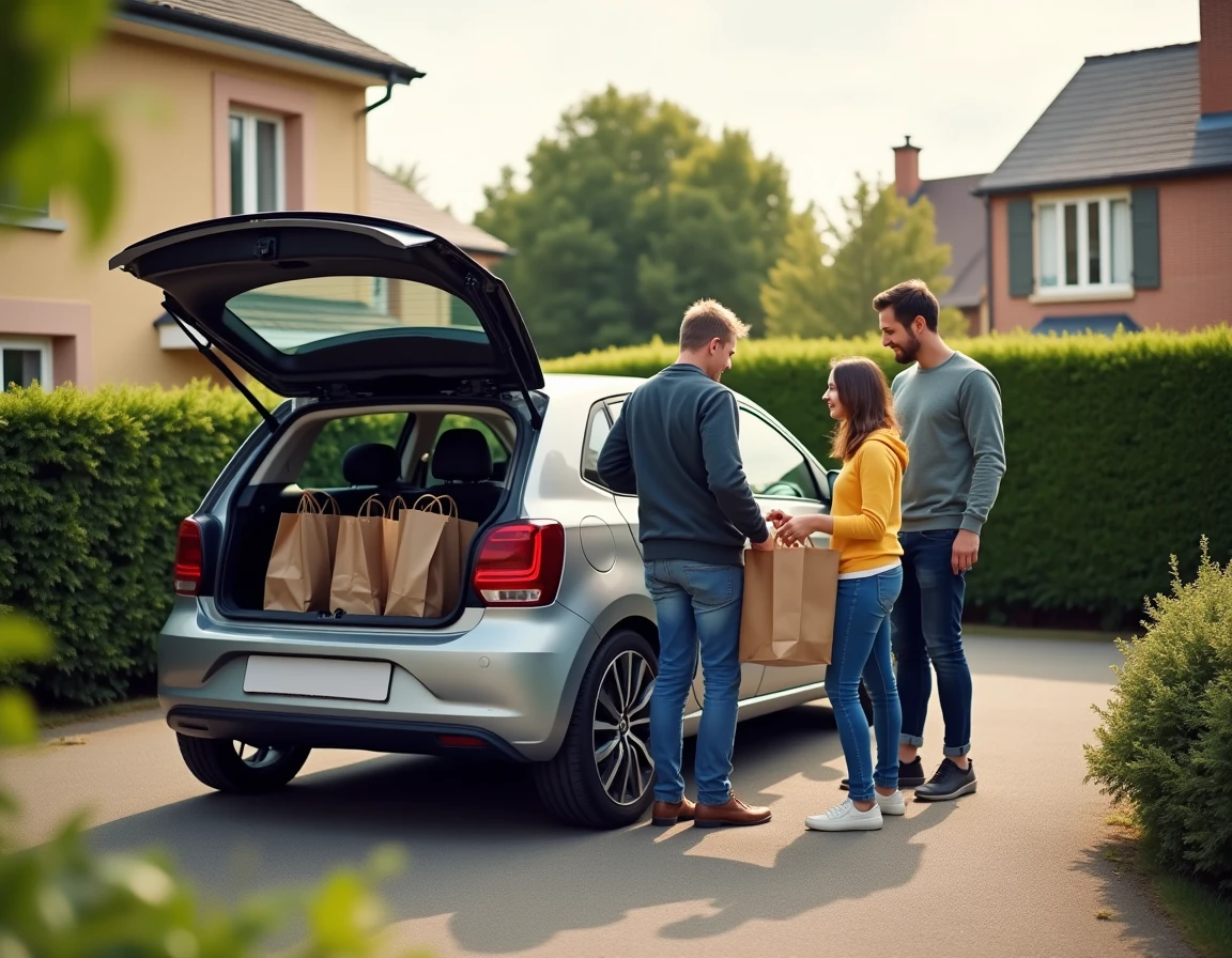 Famille française déchargeant des courses depuis le coffre de la voiture la plus vendue en France en 2026